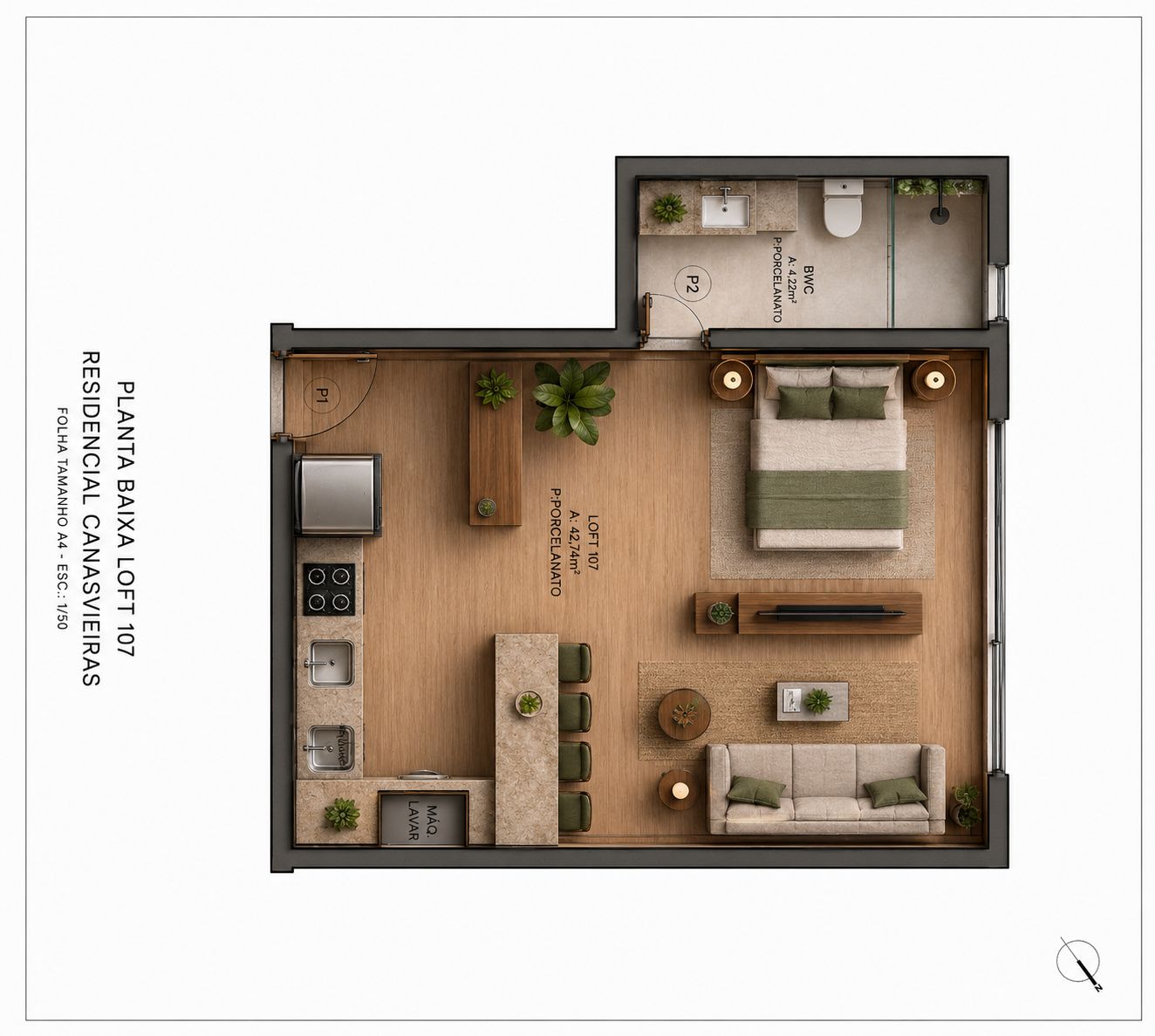 Planta ilustrativa do Loft 107 do Yunic Haus